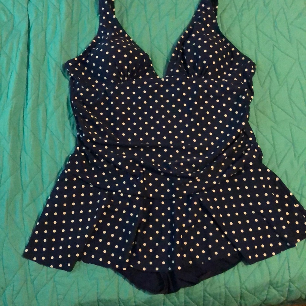 Navy with white polka dots one piece swimsuit